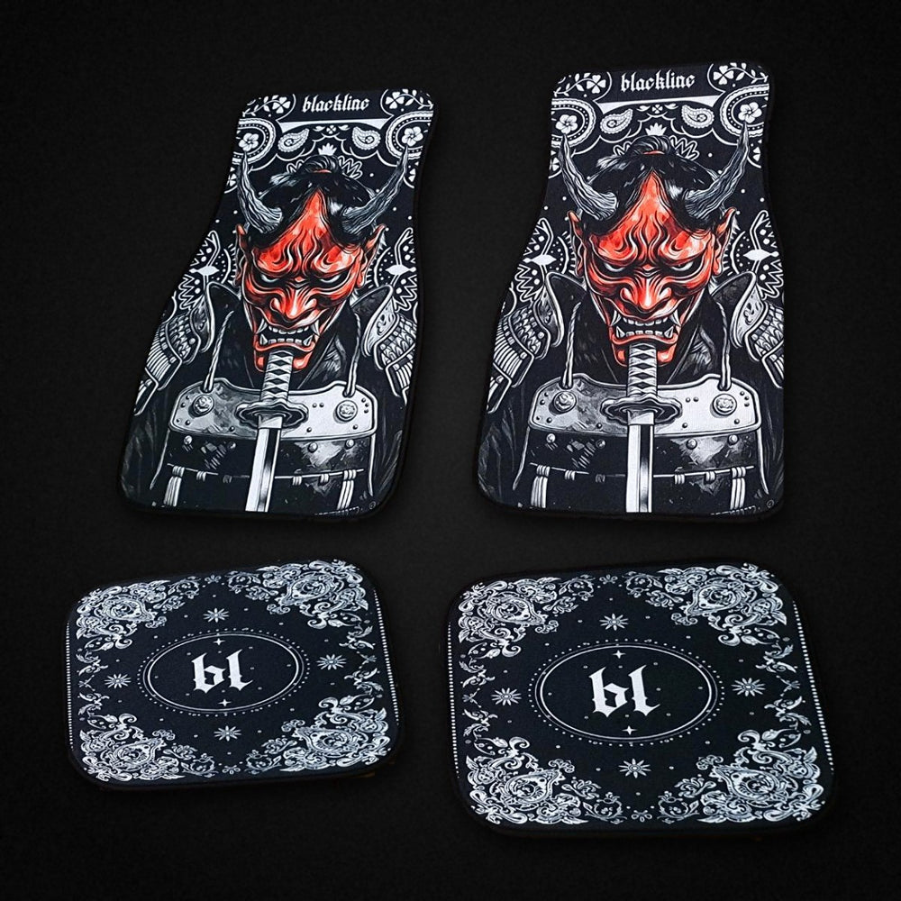 Kit de 4 alfombrillas BL: 2 delanteras Oni samurái y 2 traseras bandana con logo bl