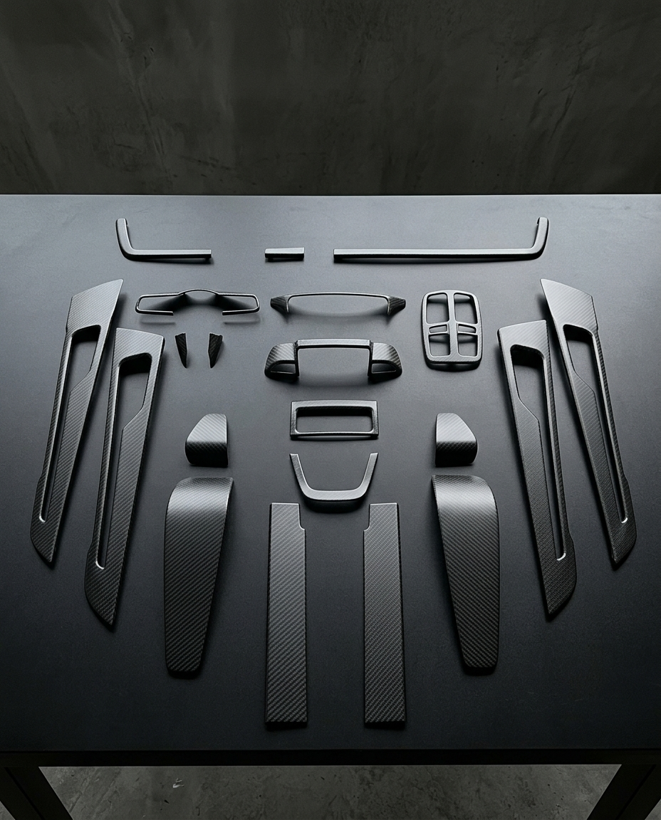 Kit interior de 19 piezas en fibra de carbono con acabado mate para Porsche Panamera 2025 dispuesto sobre mesa negra