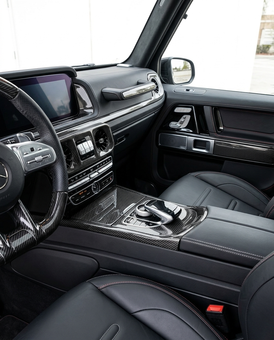 Interior de un Mercedes-AMG Clase G con la consola central y las molduras de fibra de carbono instaladas