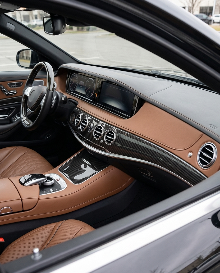 Interior de un Mercedes Clase S W222 con tapicería marrón y las molduras de fibra de carbono instaladas