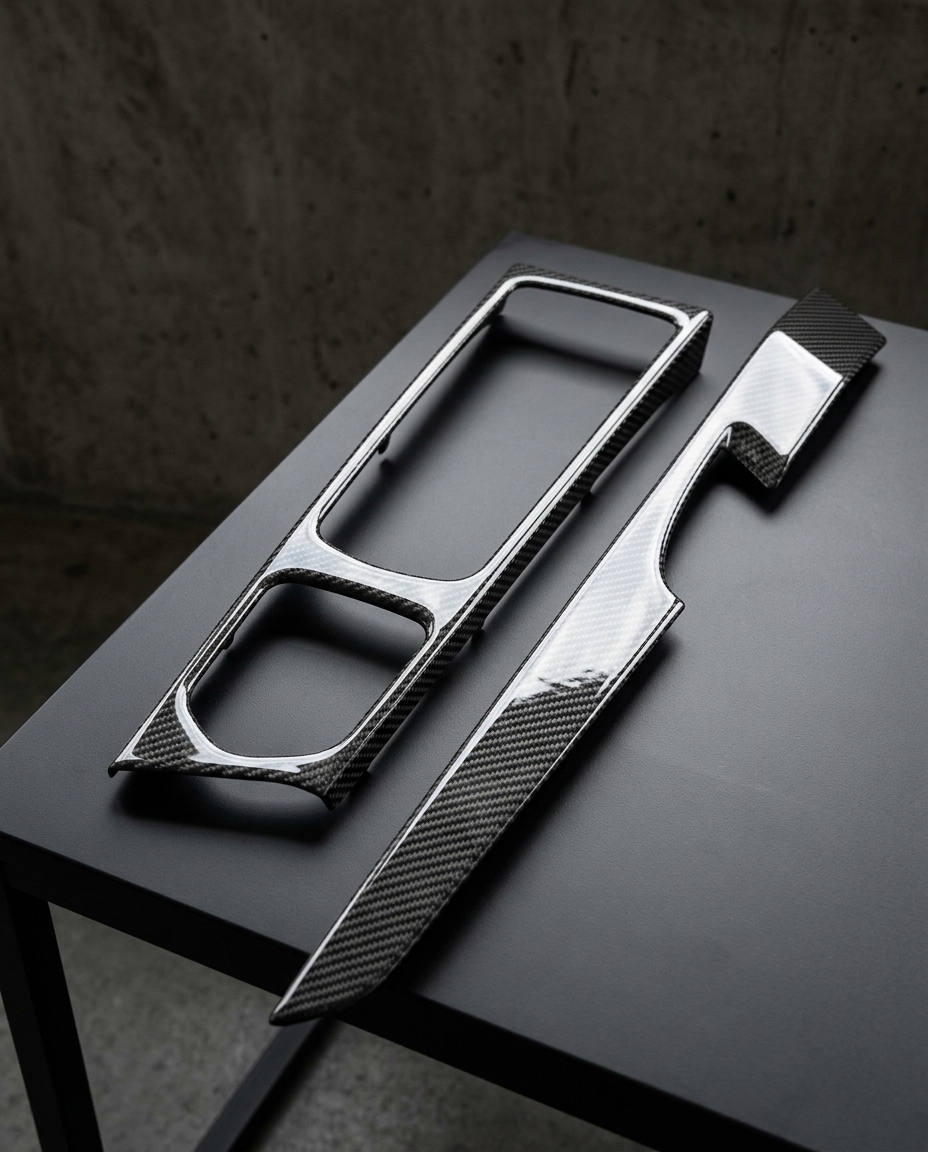 Detalle del marco de consola y moldura de puerta en fibra de carbono para Porsche Panamera 970