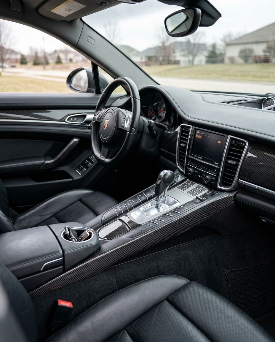 Interior de un Porsche Panamera 970 con la consola central y las molduras en fibra de carbono instaladas