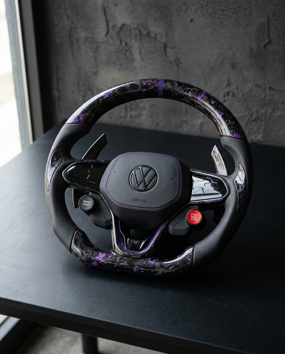 Volante Volkswagen en carbono forjado con destellos violeta — BlackLine