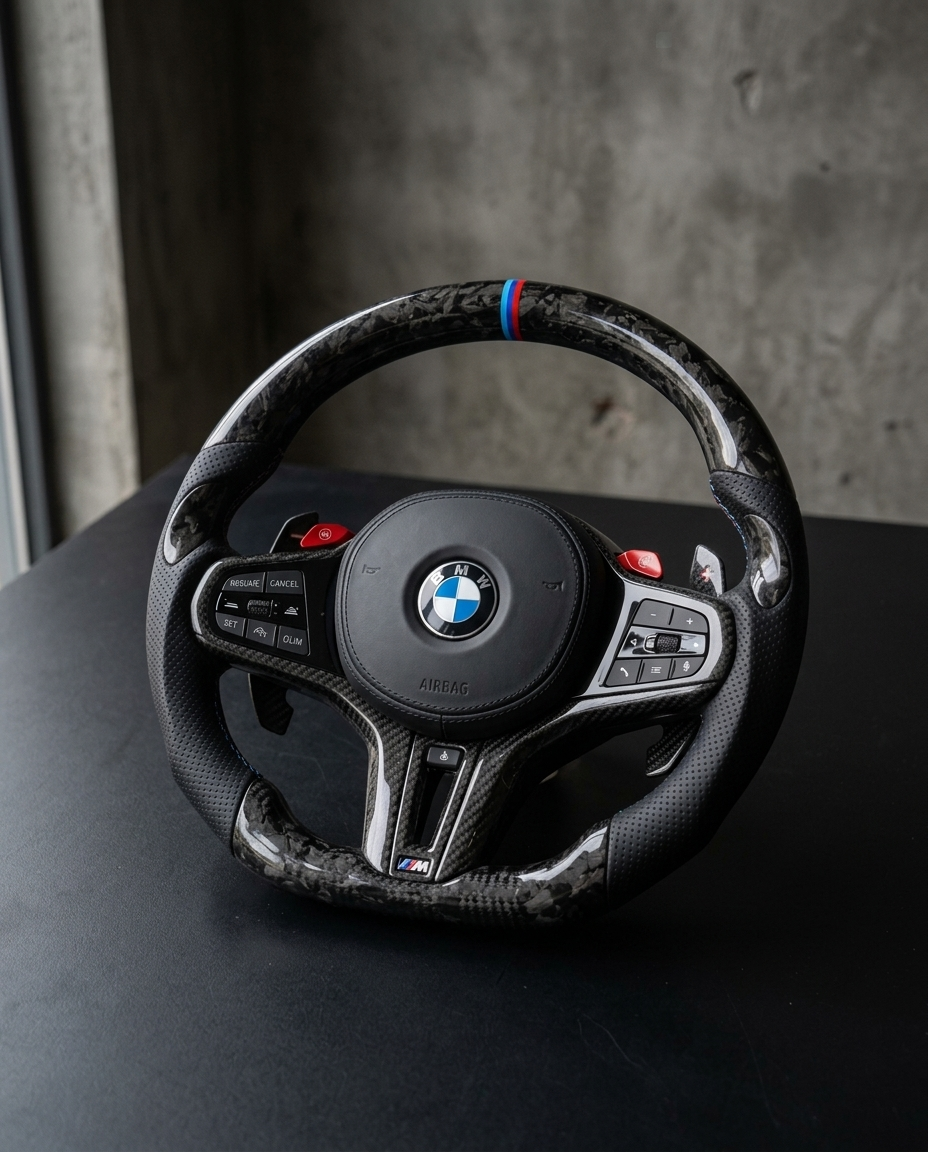 Volante BMW M en carbono forjado con cuero negro y franja tricolor — BlackLine