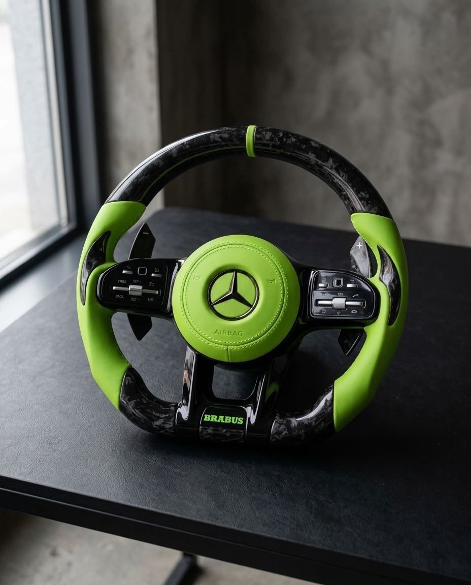 Volante Mercedes en carbono forjado con Alcantara verde lima — BlackLine (vista de detalle)
