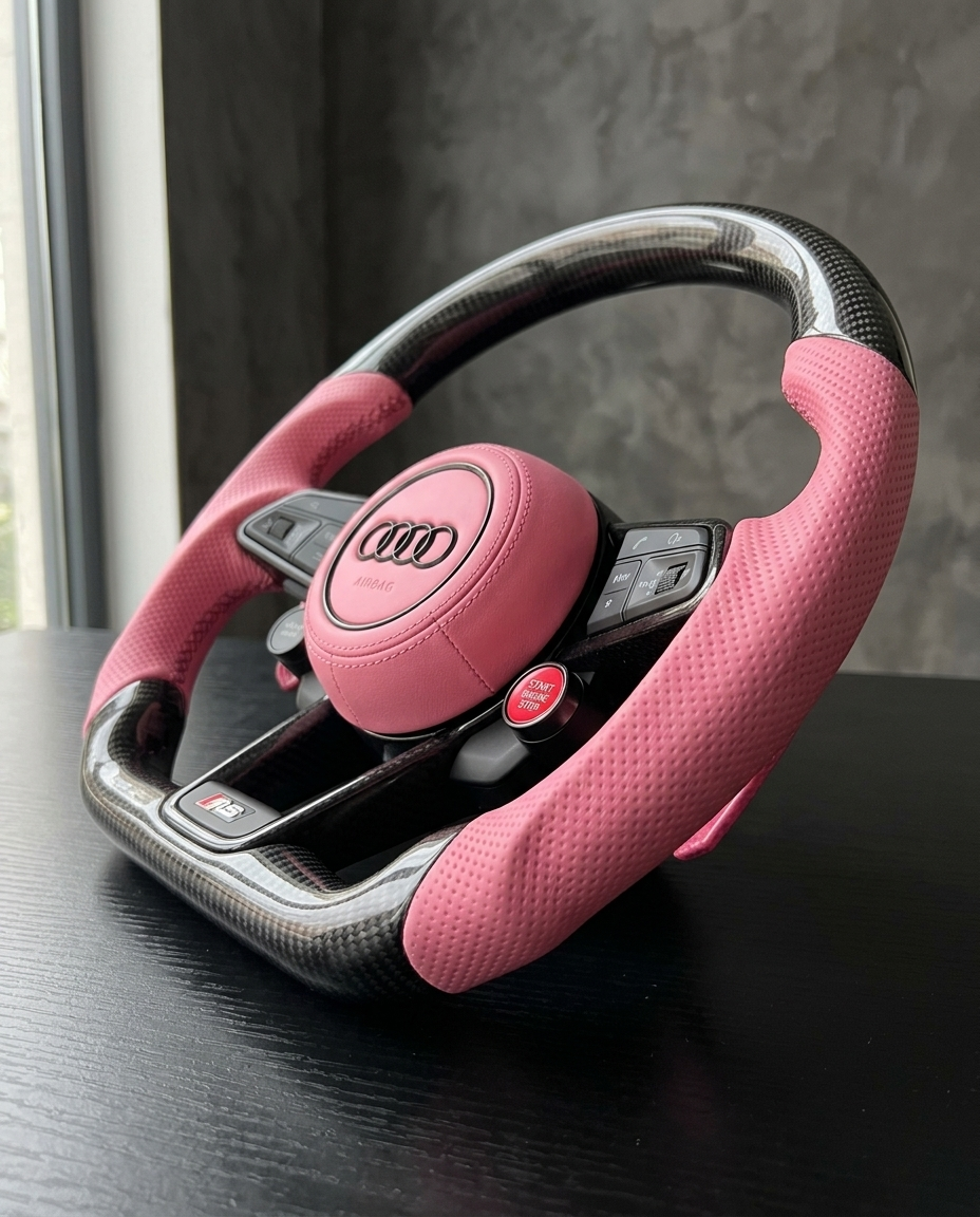 Volante Audi RS en fibra de carbono con detalles en rosa — BlackLine (vista de detalle)