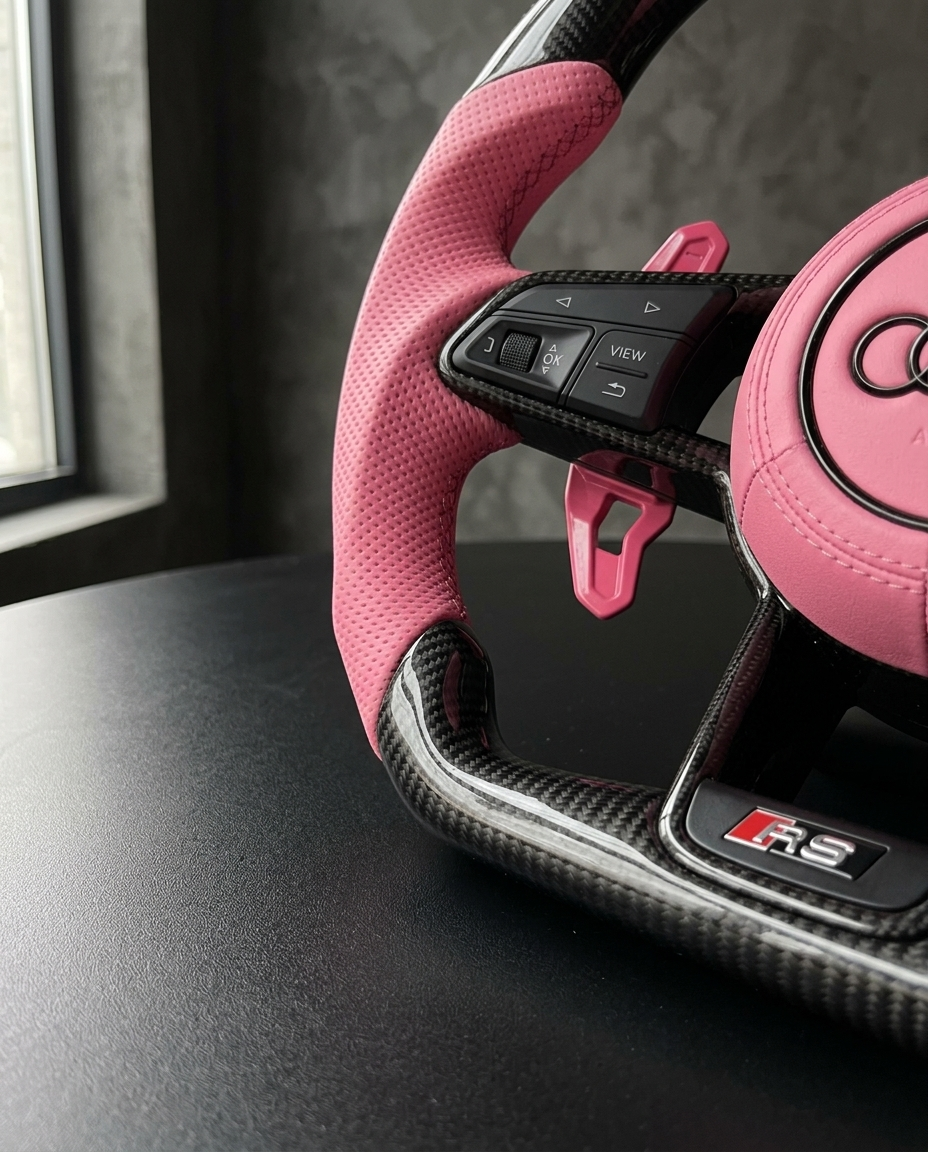 Volante Audi RS en fibra de carbono con detalles en rosa — BlackLine (otra vista)