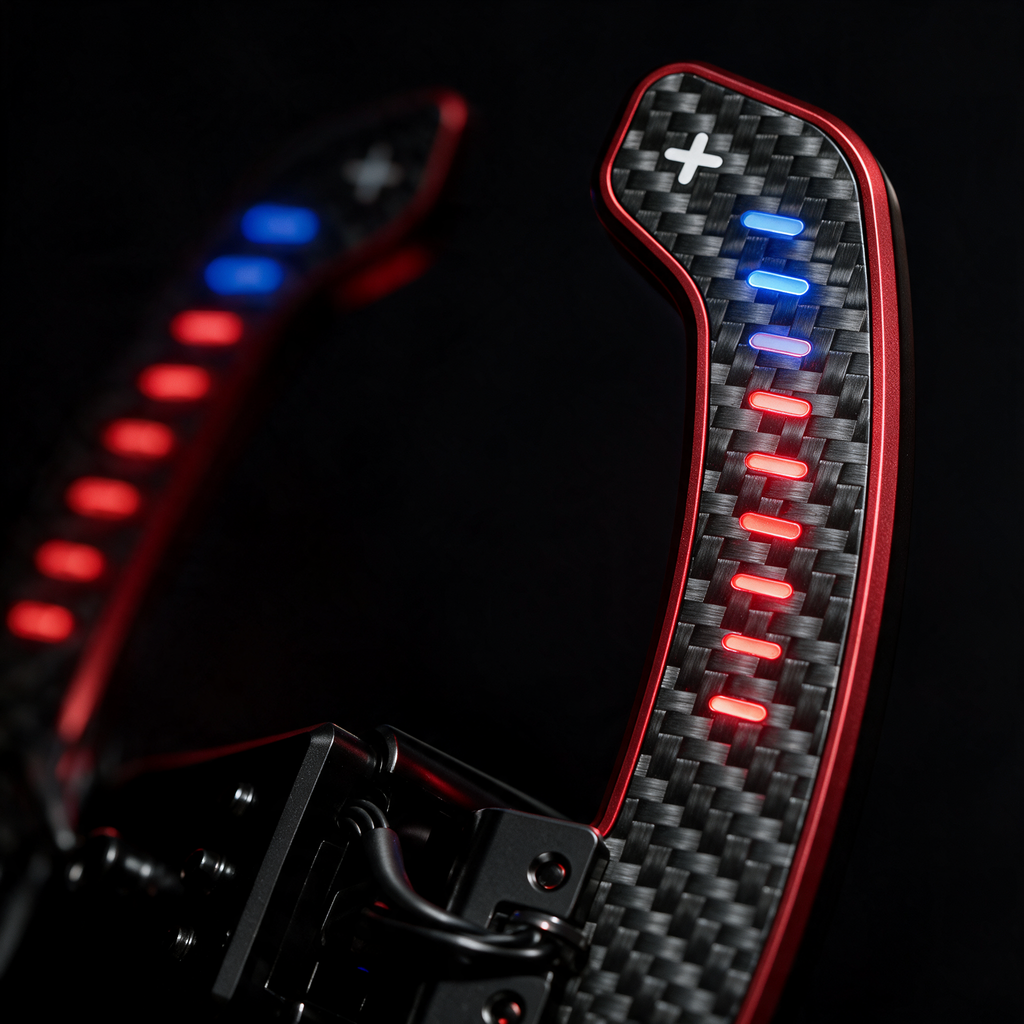 Detalle de la leva de carbono con marcadores RGB iluminados en azul y rojo