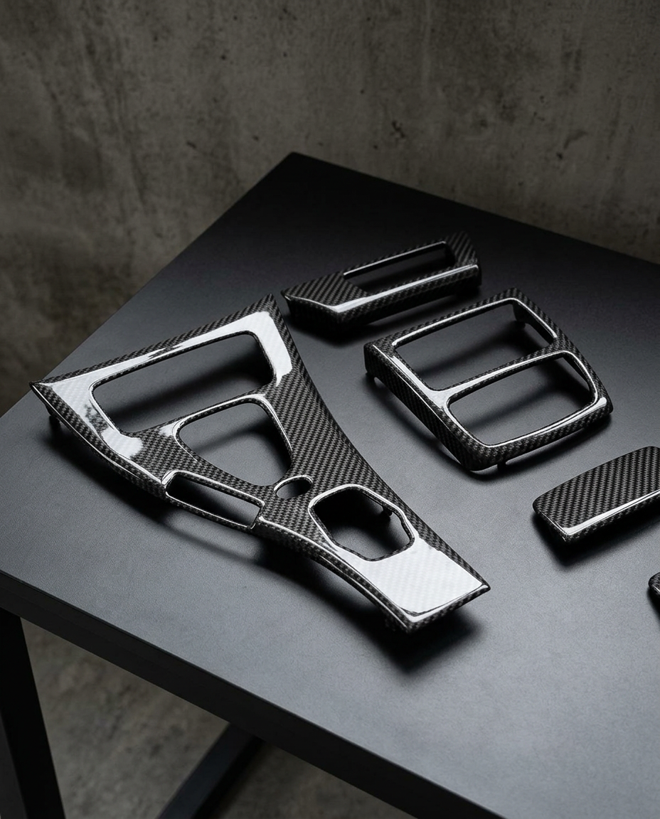 Detalle de la consola central y los marcos de rejillas en carbono seco para BMW M3 E92