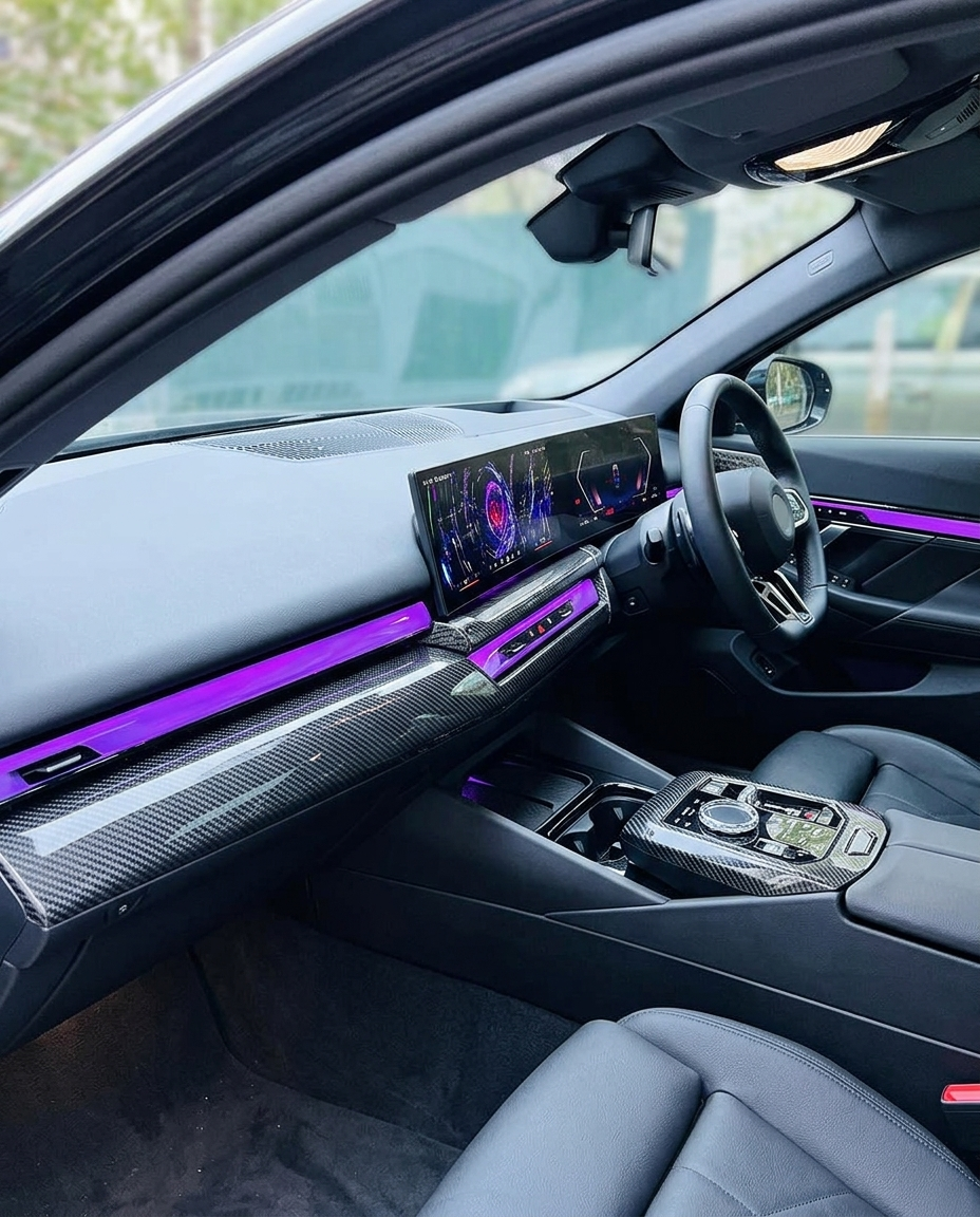 Interior de un BMW Serie 5 G60 con las molduras del salpicadero y la consola en fibra de carbono instaladas