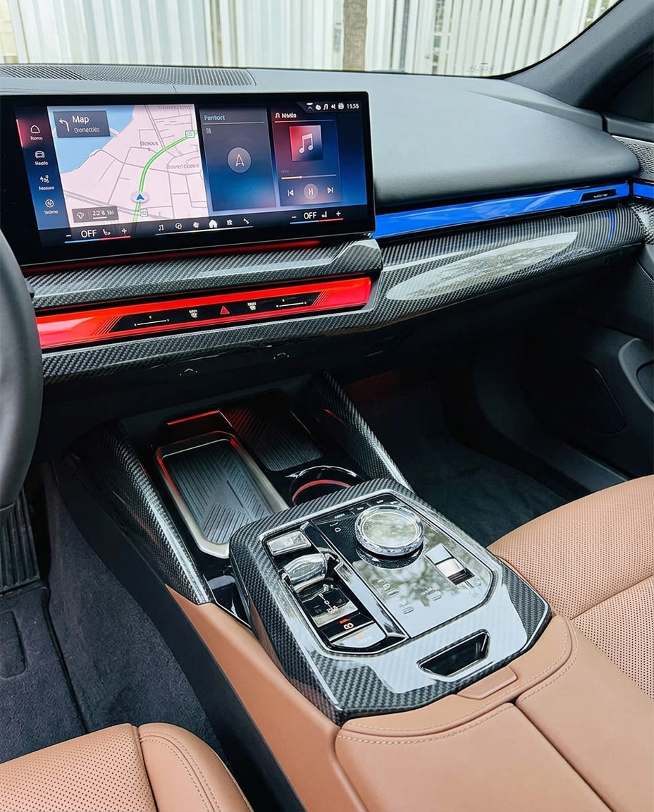 Consola central e interior de un BMW Serie 5 G60 con las molduras de fibra de carbono instaladas
