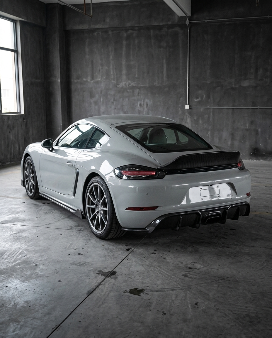Porsche 718 Cayman con kit de carbono seco — vista trasera