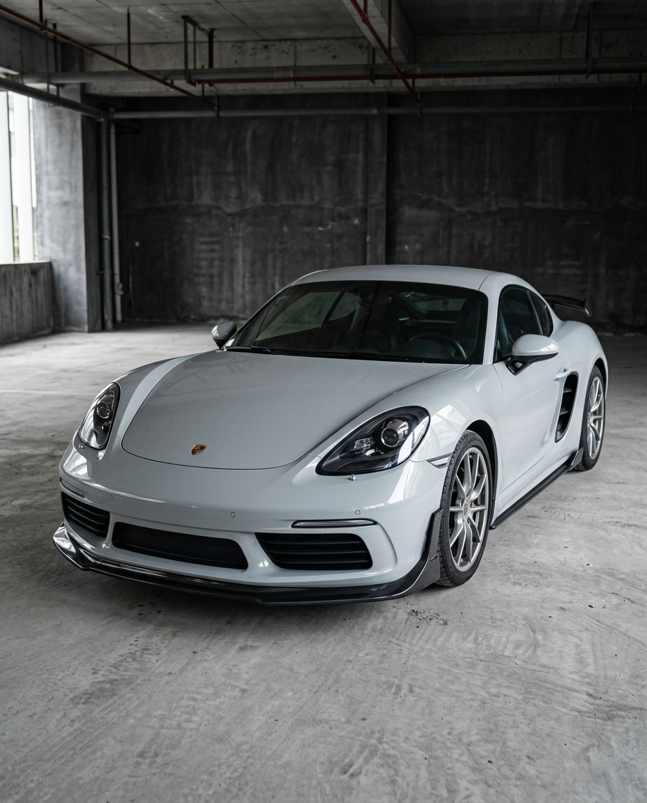 Porsche 718 Cayman con kit de carbono seco — vista frontal
